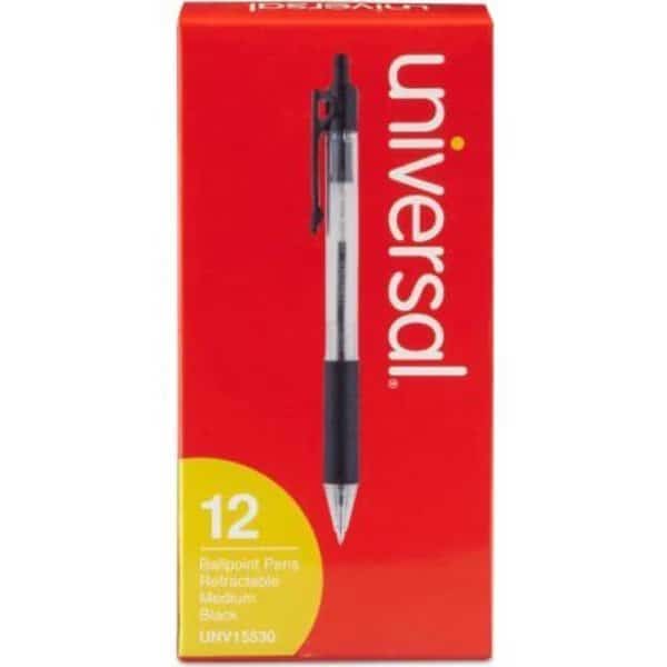 Universal Comfort Grip Retractable Ballpoint Pen, 1mm, Black Ink, Clear Barrel, Dozen