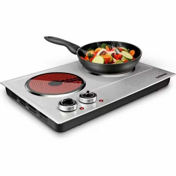 1800W Electric Double Burner, Cast Iron Hot Plate, Silver