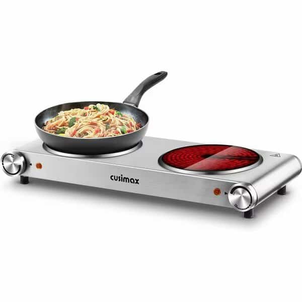 1800W Electric Double Hot Plate, Portable Burner for cooking, Electric Infrared Stove, Silver