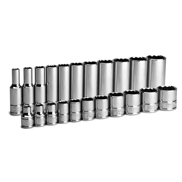 38 Drive 12Pt Shallow and Deep Socket Set, SAE, 14 to 78, W Billet Alum Socket Rail, 22Pcs
