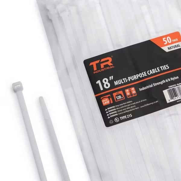 Cable Tie, 18 in L, Natural, Nylon 6/6, 120 lb Strength, 50 PK