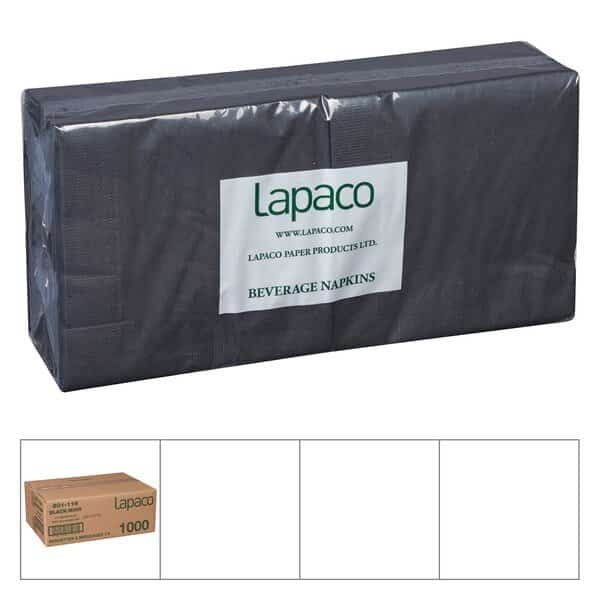 Lapaco 10"x10" 1/4 Fold 2 Ply Black Beverage Napkin, PK1000