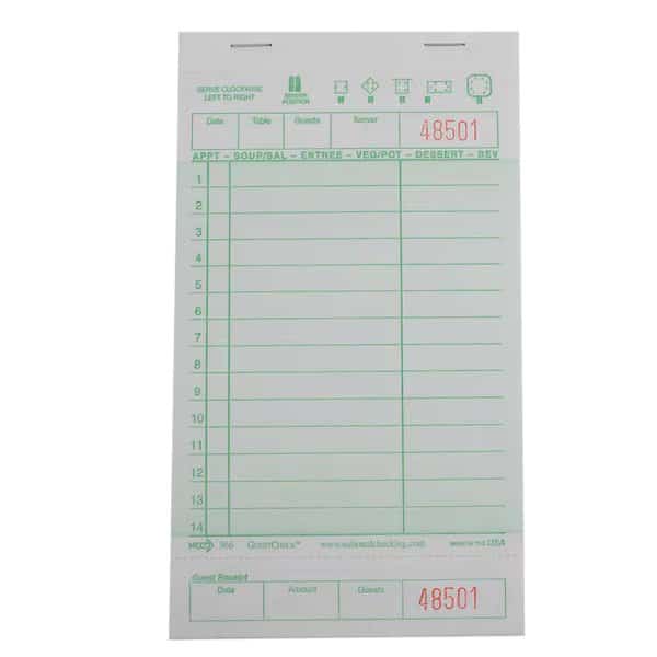 4.25"x7.25" 1 Part Green 14 Line Guest Check 50 Checks, PK50