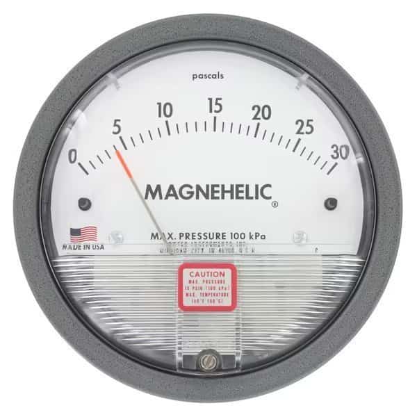 Differential pressure gage, range 0-1 psi, minor divisions .02.