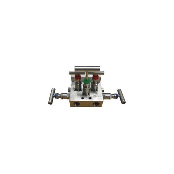 Flanged 5-valve manifold with side mounted vent valves.