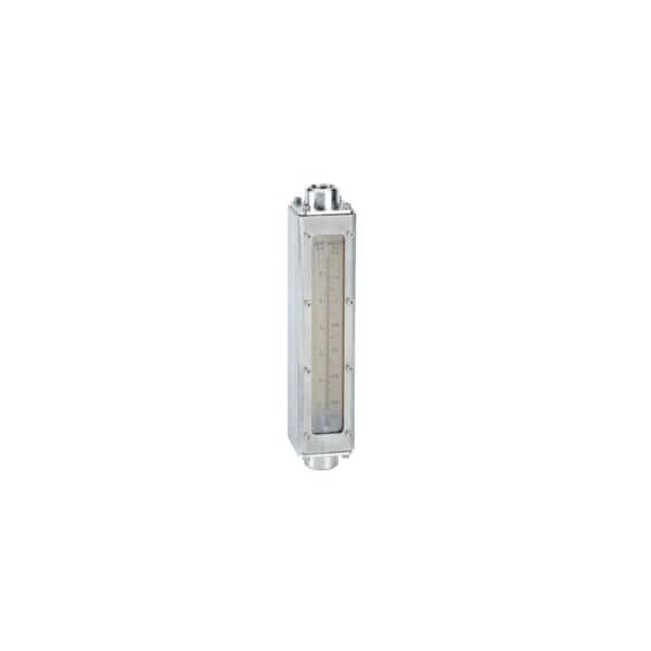 Industrial flowmeter, max flow 7.4 GPM 27.5 LPM water, 30 SCFM 900 LPM air, pressure drop 6in wc