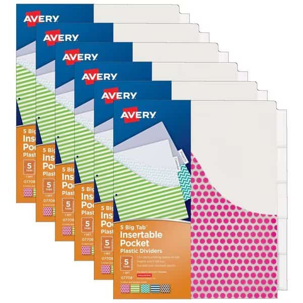 Big Tab Insertable Plastic Dividers with Pockets, 5-Tab Set, PK6