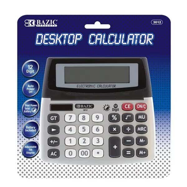 BAZIC 12-Digit Dual Power Desktop Calculator with Adjustable Display