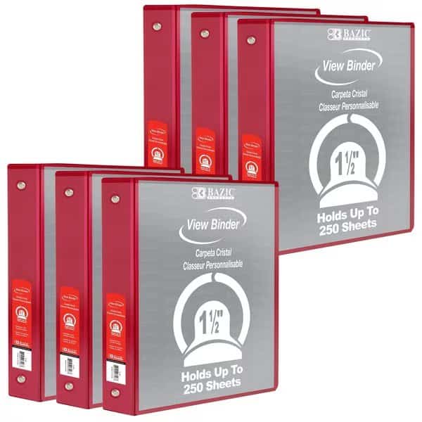View Binder, 3-Ring with 2 Pockets, 1.5in, Red, PK6