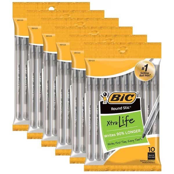 Round Stic Xtra Life Ballpoint Pen, Medium, Black, PK60
