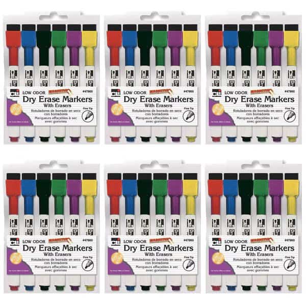 Magnetic Dry Erase Markers with Erasers, 6 Per Pack, PK6