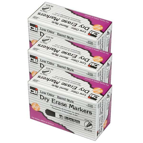 Barrel Style Dry Erase Markers, Chisel, Black, 12 Per Pack, PK3