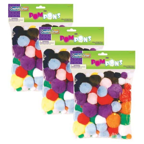Pom Pons, Bright Hues, Assorted Sizes, 100 Pieces, PK3