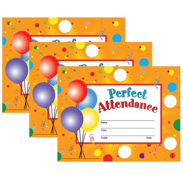 Perfect Attendance Certificates and Seals, 30 Certificates Per Set, PK3