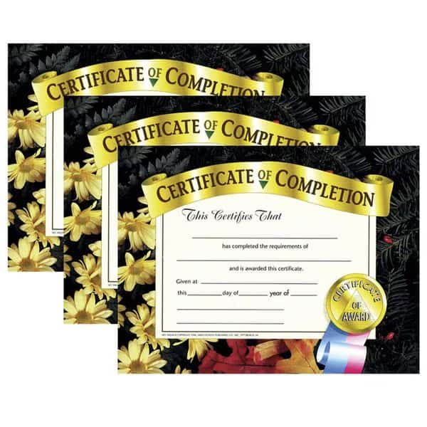 Certificate of Completion, 8.5in x 11in, PK90, Color: Multi