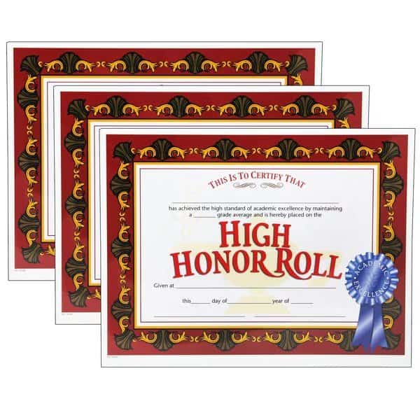 High Honor Roll Certificate, PK90