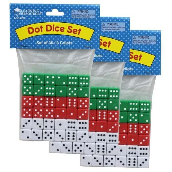 Dot Dice, Red, Green + White, 36 Pieces, PK3, Learning Resources, Mfr#: LER2229