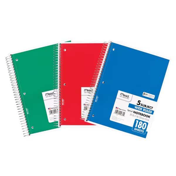 Spiral 5 Subject Notebook, Wide Ruled, 180 Sheets Per Book, PK3