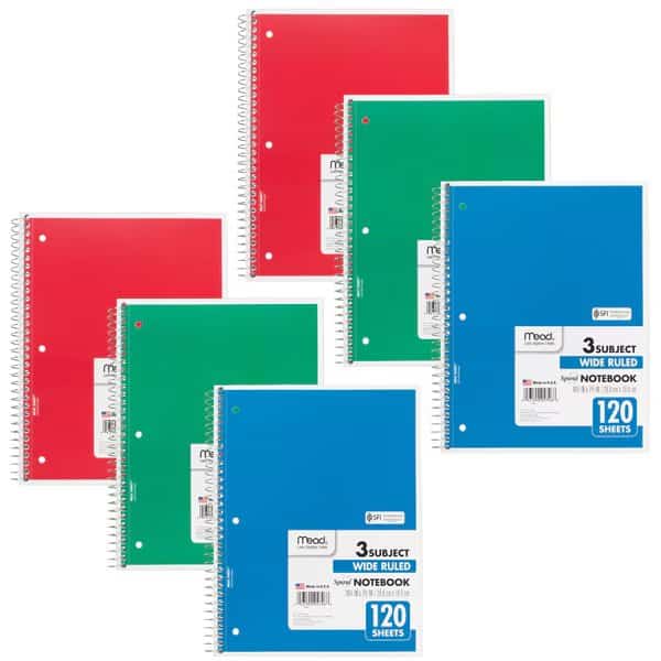 Spiral 3 Subject Notebook, Wide Ruled, 180 Sheets Per Book, PK6