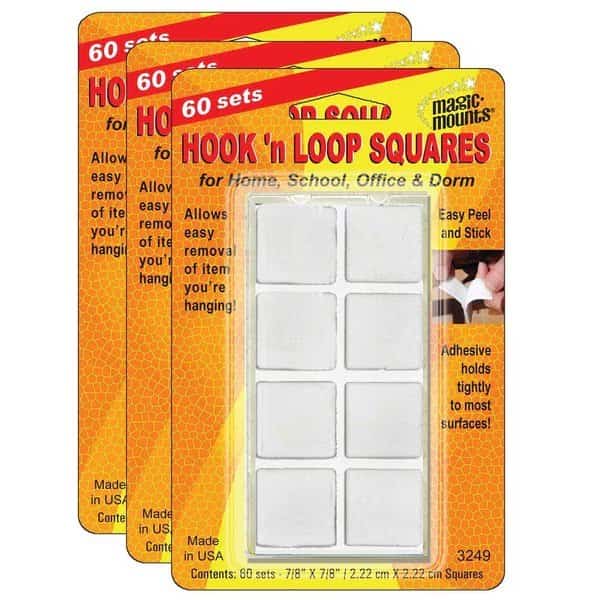 Reclosable Fastener Shape, Square, Acrylic Adhesive, 7/8 in, 7/8 in Wd, White, 180 PK