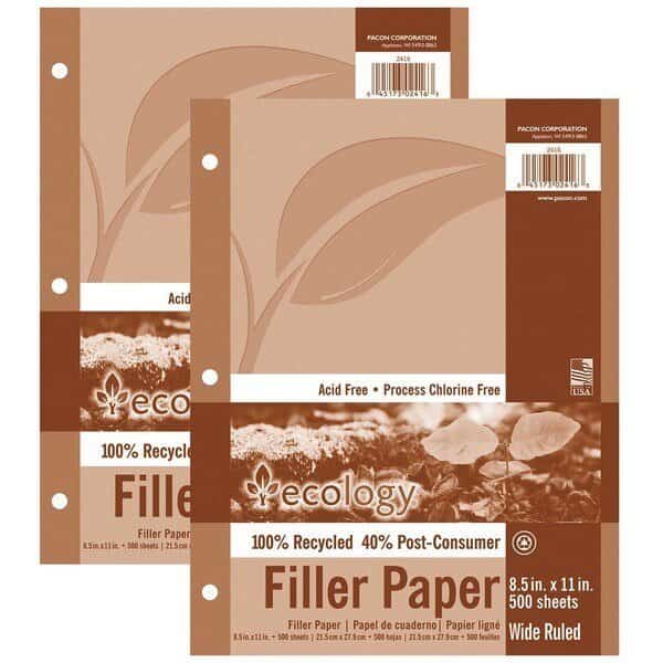 Recycled Filler Paper, 3/8" Ruled, Letter, 500 Sheets, PK2