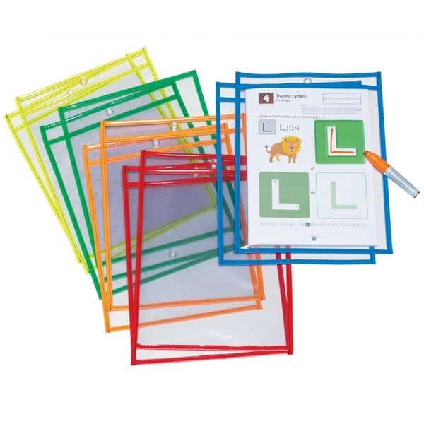 Dry Erase Pockets, 5 Bright Colors, 10" x 13-1/2", PK10