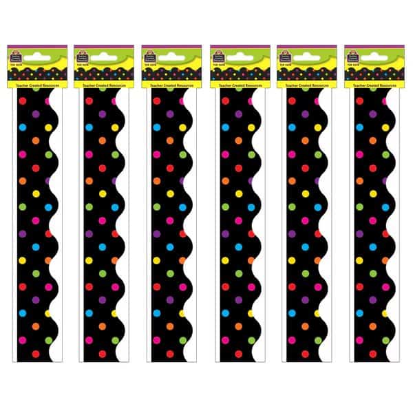 Multicolor Dots on Black Scalloped Border Trim, 35ft Per Pack, PK6