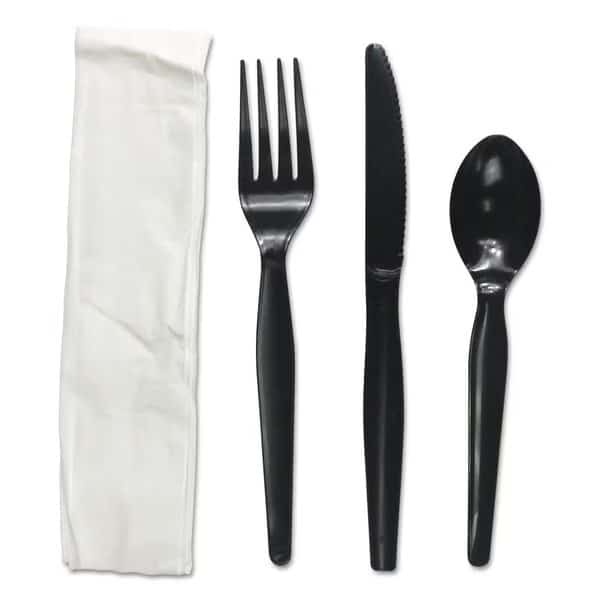 4-Piece Cutlery Kit, Fork/Knife/Napkin/Teaspoon, Hvywght, Black, PK250