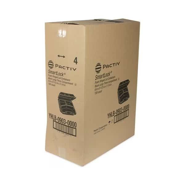 SmartLock Foam Hinged Container, Large, 9x9.5x3.25, 3-Comp, Blk, PK150