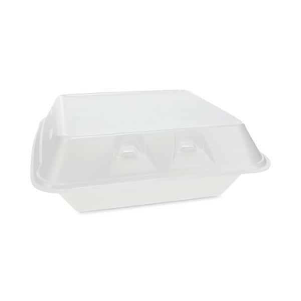 Vented Foam Hinged Lid Containers, 9x9.25x3.25, 3-Comp, Wht, PK150