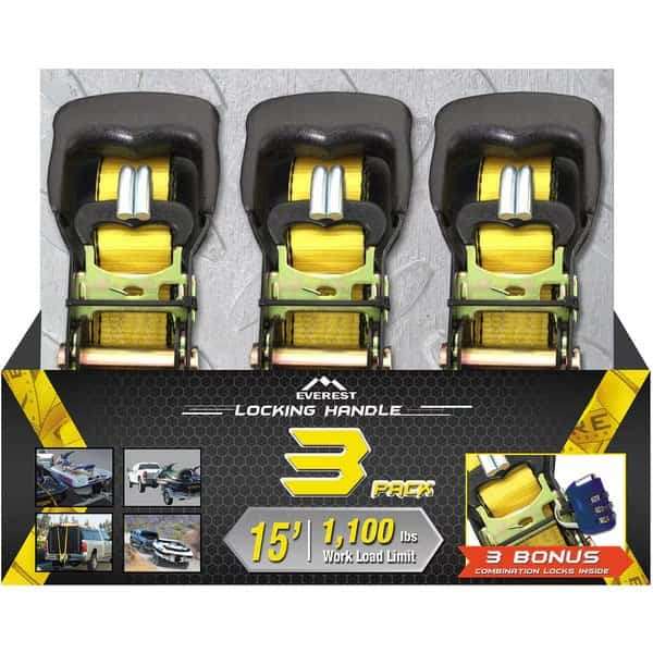 1.5"x15Ft 1100 LBS LOAD LIMIT RATCHET TIE DOWN 3PK W/ LOCKING HANDLES