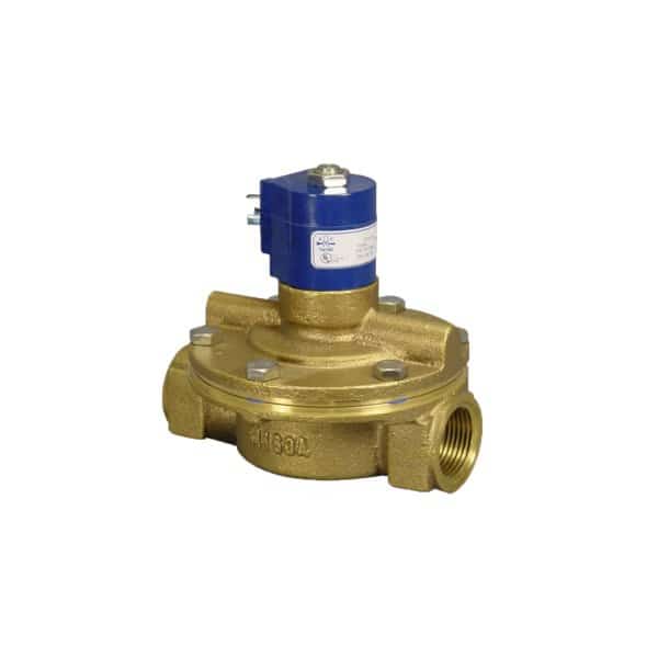 Solenoid Valve, 2-Way, 1-1/2 in Pipe Size, 24V/50V to 60V, Diaphragm, Pilot Operated, Brass, PTFE