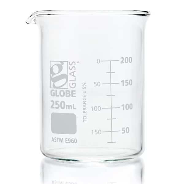 Beaker, Globe Glass, 250mL, Low Form Griffin Style, Dual Graduations, ASTM E960, 12/Box, 12PK, GLOBE SCIENTIFIC, Mfr# 8010250