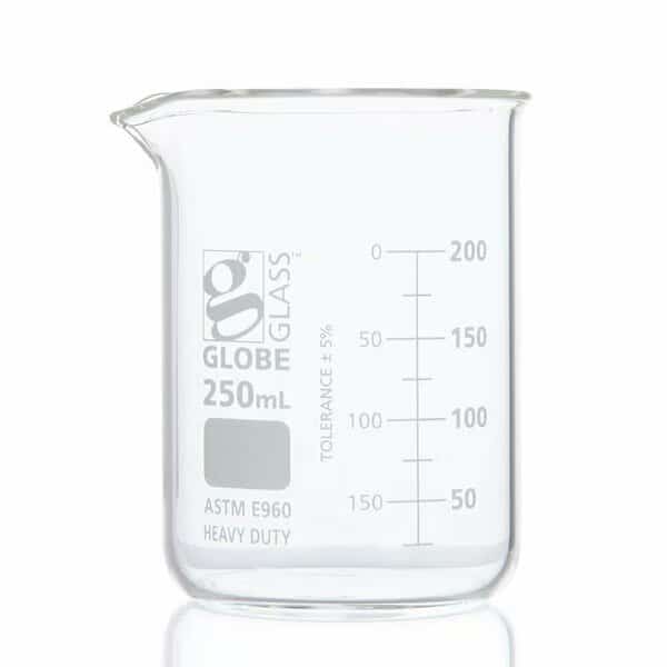 Beaker, Globe Glass, 250mL, Low Form Griffin Style, Heavy Duty, Dual Graduations, ASTM E960, 12PK