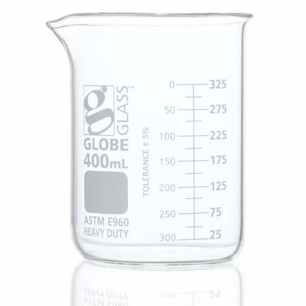 Beaker, Globe Glass, 400mL, Low Form Griffin Style, Heavy Duty, Dual Graduations, ASTM E960, 12PK