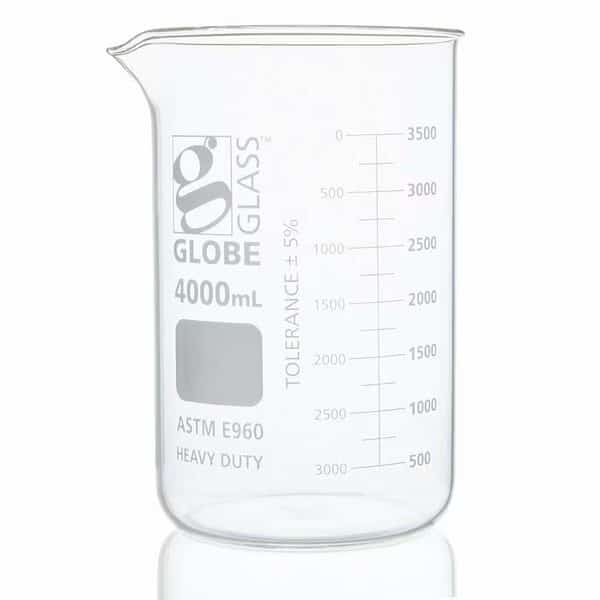 Beaker, Globe Glass, 4000mL, Low Form Griffin Style, Heavy Duty, Dual Graduations, ASTM E960