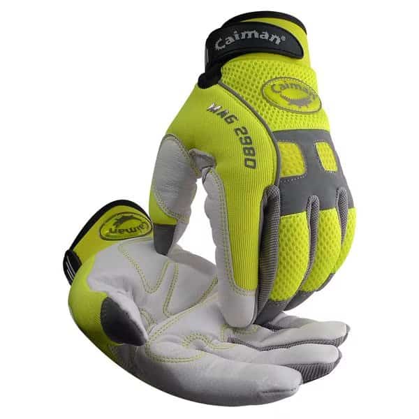 Hi-Vis Mechanics Gloves, Goat Grain Leather Palm, 2XL, Yellow/White