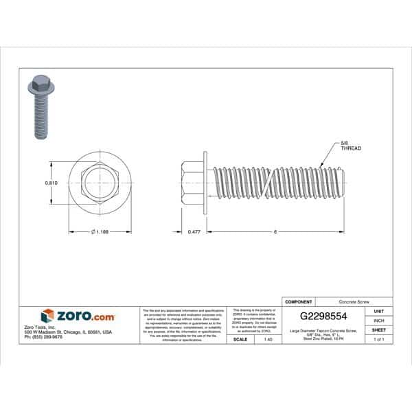 Large Diameter Tapcon Concrete Screw, 5/8" Dia., Hex, 6" L, Steel Zinc Plated, 10 PK