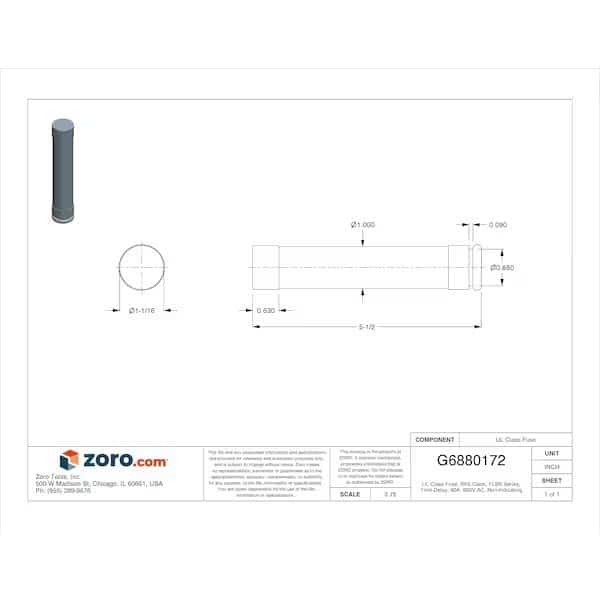 Fuse, Time Delay, 60A, FLSR Series, 600VAC, 300VDC, 5-1/2" L x 1-1/16" dia, LITTELFUSE, Mfr# FLSR060