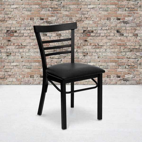Black Three-Slat Ladder Back Metal Chair, Black Vinyl Seat, PK2