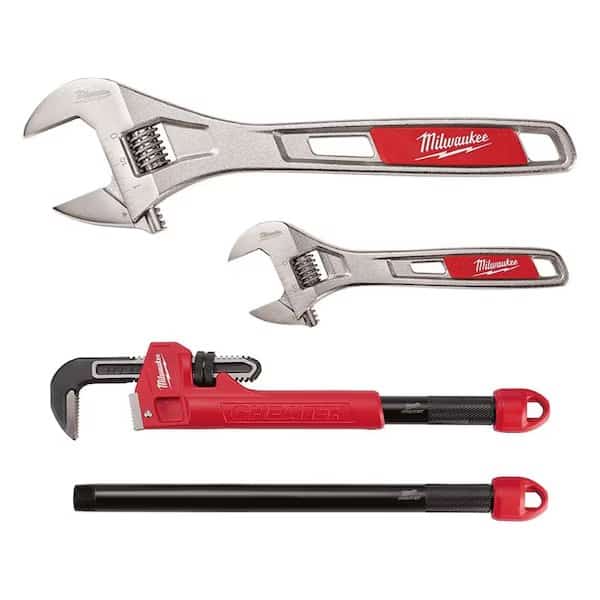 CHEATER Steel Adaptable Pipe Wrench + 2 Pc. 6" & 10" Adjustable Wrench Set