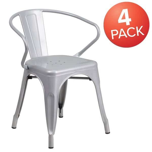 Silver Metal Indoor-Outdoor Chair with Arms, PK4