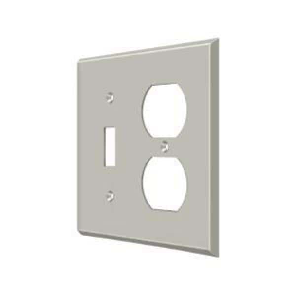 Single Switch/Double Outlet Switch Plate, Number of Gangs: 2 Solid Brass, Brushed Nickel Finish
