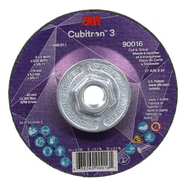 Cut-Off and Grinding Wheel, Type 27, 4 1/2 in Dia, 0.156 in Thick, 5/8"-11 Arbor Hole Size, Ceramic