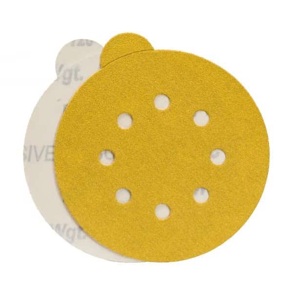 Sanding Disc, PSA, 5,100G, Gld, Mylar, 5" Dia, 5 Hole, Aluminum Oxide, P100 Grit