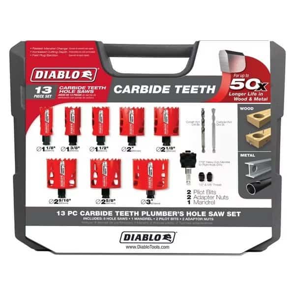 Hole Saw Set, 13pcs, Sizes:1.125"-3