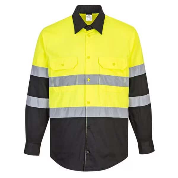 Hi-Vis Long Sleeve Work Shirt, Class 2, Type R, Polyester/Cotton Fabric, Yellow/Black, M