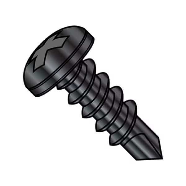 Self-Drilling Screw, #4-24 x 1/2 in, Black Zinc Plated Steel Pan Head Phillips Drive, 10000 PK