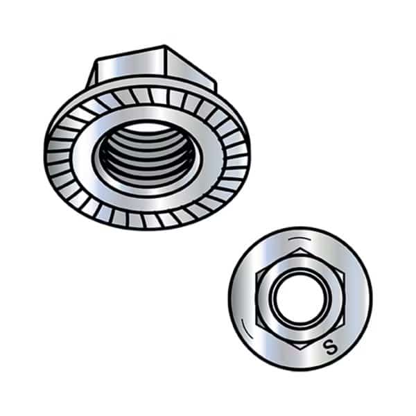 Flange Nut, 1/4"-20, Steel, Grade 5, Zinc Plated, 0.437 in Hex Wd, 2000 PK