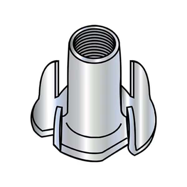 T-Nut, 4 Prongs, 1/4"-20, Steel, Zinc Plated, 0.305 in Barrel Dia, 7/16 in Barrel Ht, 2000 PK